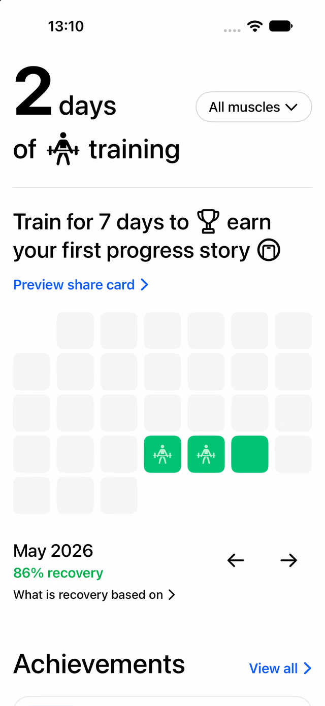 GoodToLift Progress screen showing training days, recovery and achievements